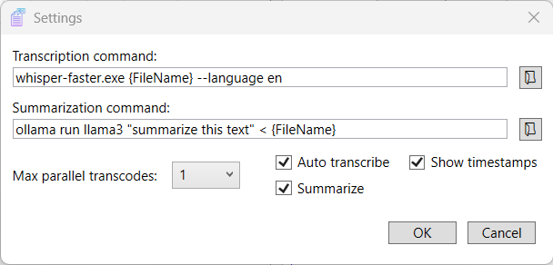 CLEAR settings window showing transcription command field