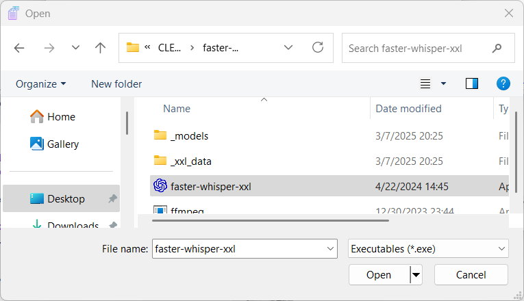 Windows file picker locating faster-whisper executable