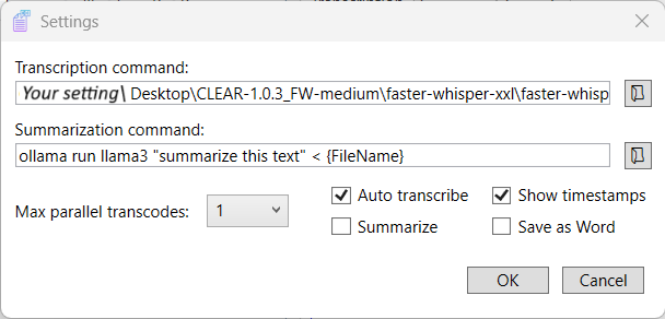 CLEAR transcription command filled with faster-whisper path